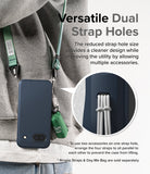 Google Pixel 8a Case | Onyx - Navy phone case with dual strap holes holding a green lanyard and small accessory bag.