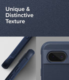 Google Pixel 8a Case | Onyx - Close-up of navy blue textured phone case showing side buttons and camera bar details.