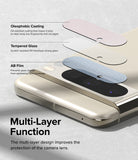 Google Pixel 8 Pro | Camera Protector Glass [3 Pack] - Google Pixel 8 Pro Camera Protector Glass - Exploded view showing oleophobic, tempered glass, and AB film layers.