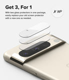 Google Pixel 8 Pro | Camera Protector Glass [3 Pack] - Three transparent glass protectors hovering over a phone camera.