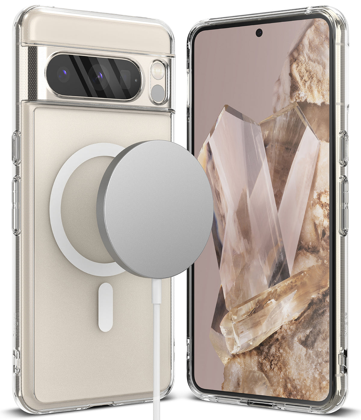 Google Pixel 8 Pro Case | Fusion Magnetic Matte - Clear magnetic case on a phone with a crystal-themed screen display.