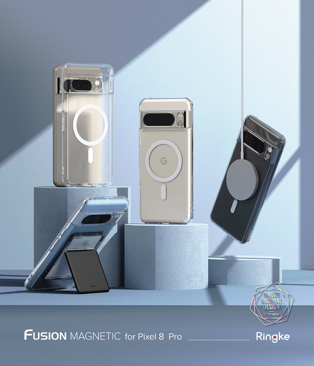 Google Pixel 8 Pro Case | Fusion Magnetic Matte - Three clear phone cases with magnetic rings displayed on blue blocks.