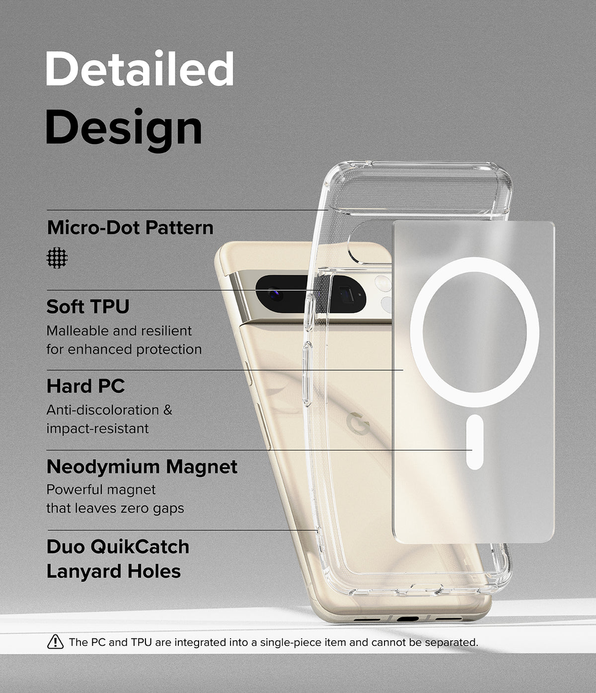 Google Pixel 8 Pro Case | Fusion Magnetic Matte - Exploded view of phone case features with labels for materials.