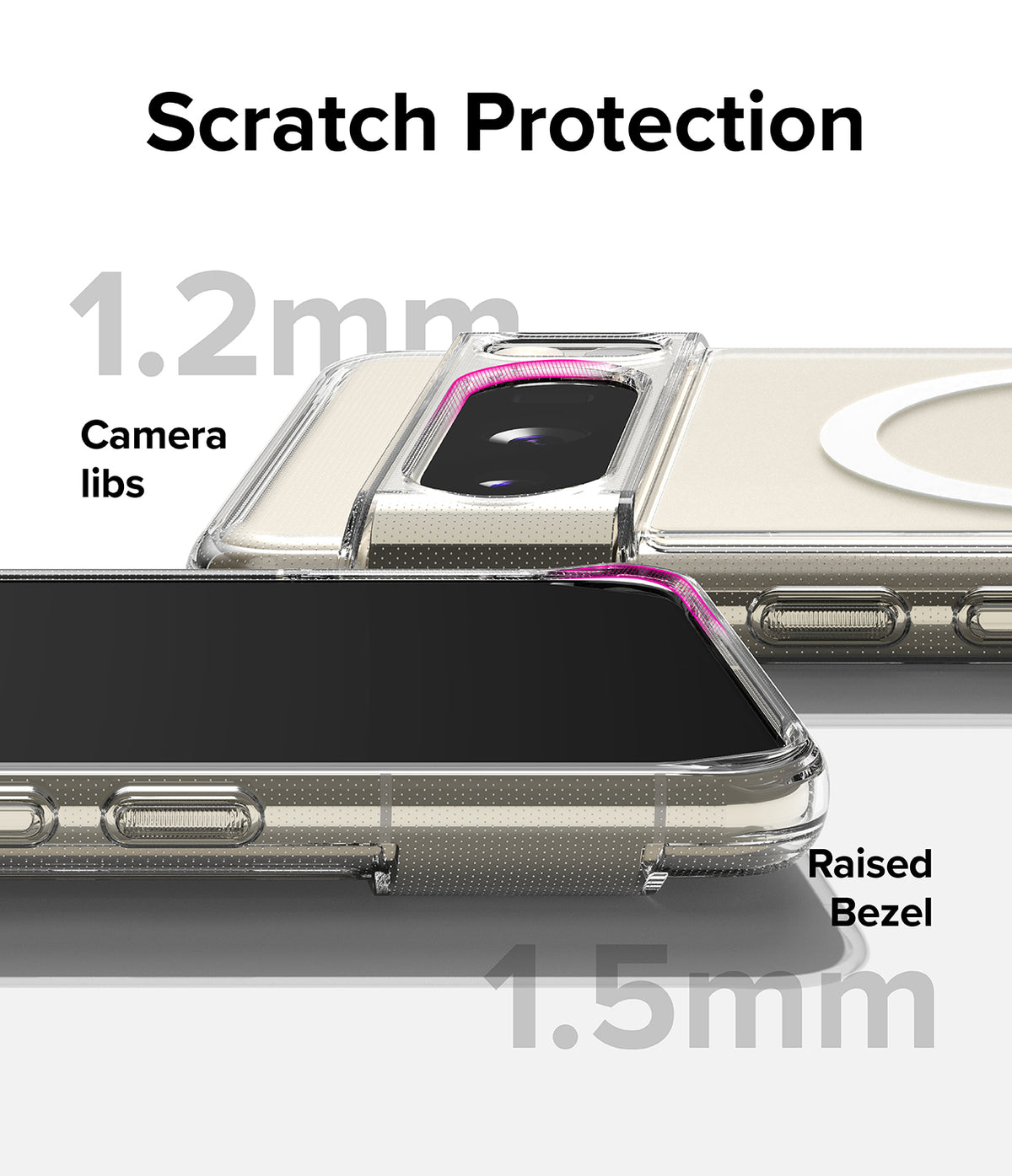 Google Pixel 8 Pro Case | Fusion Magnetic Matte - Close-up showing 1.2mm camera lips and 1.5mm raised screen bezel.