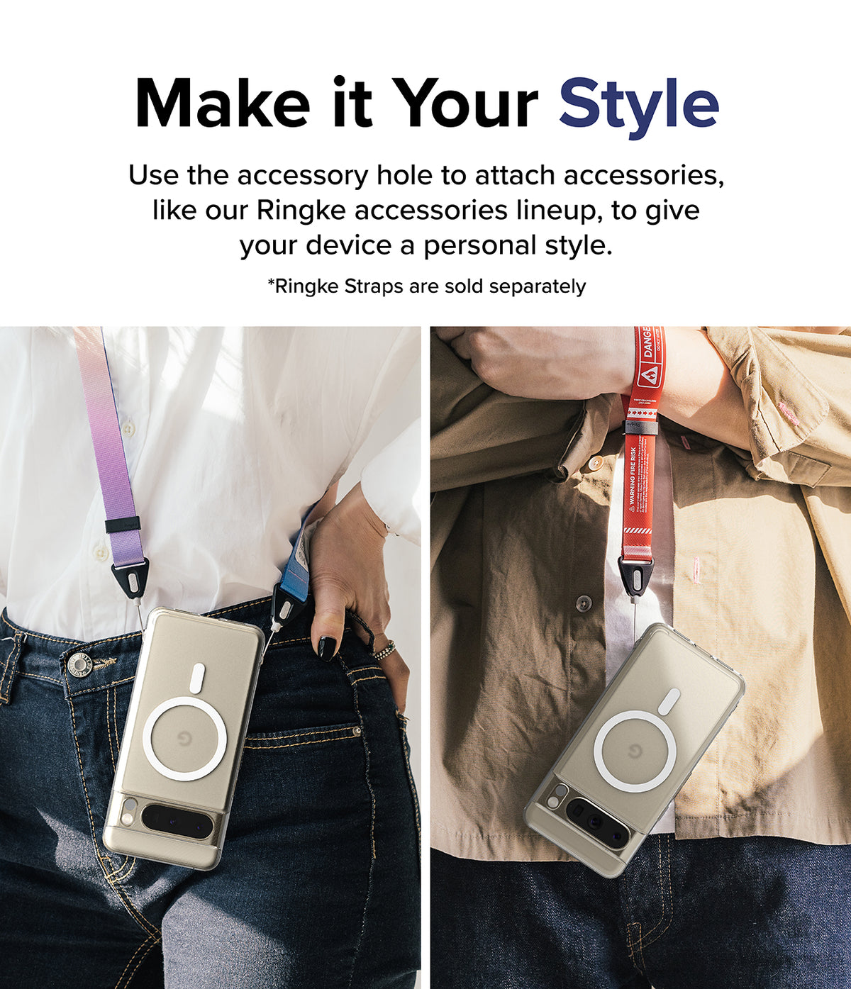 Google Pixel 8 Pro Case | Fusion Magnetic Matte - Two people wearing Pixel 8 Pro phones on colorful neck straps.