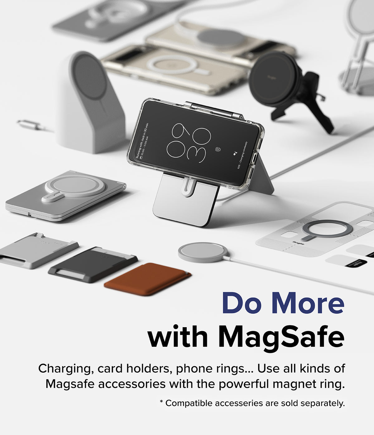Google Pixel 8 Pro Case | Fusion Magnetic Matte - Pixel 8 Pro in a clear case on a magnetic stand with various accessories.