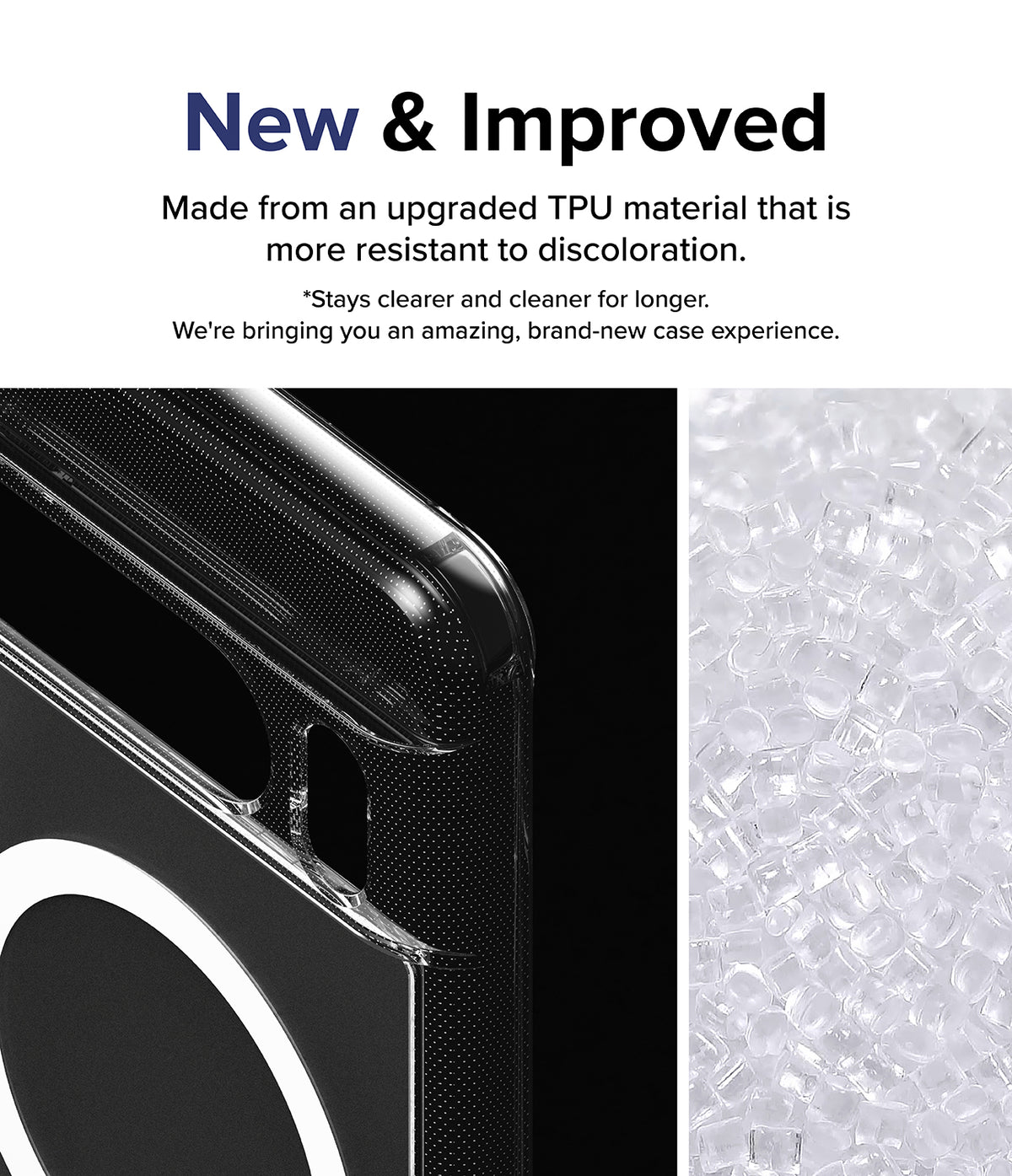 Google Pixel 8 Pro Case | Fusion Magnetic Matte - Close-up of clear phone case corner and raw TPU material pellets.
