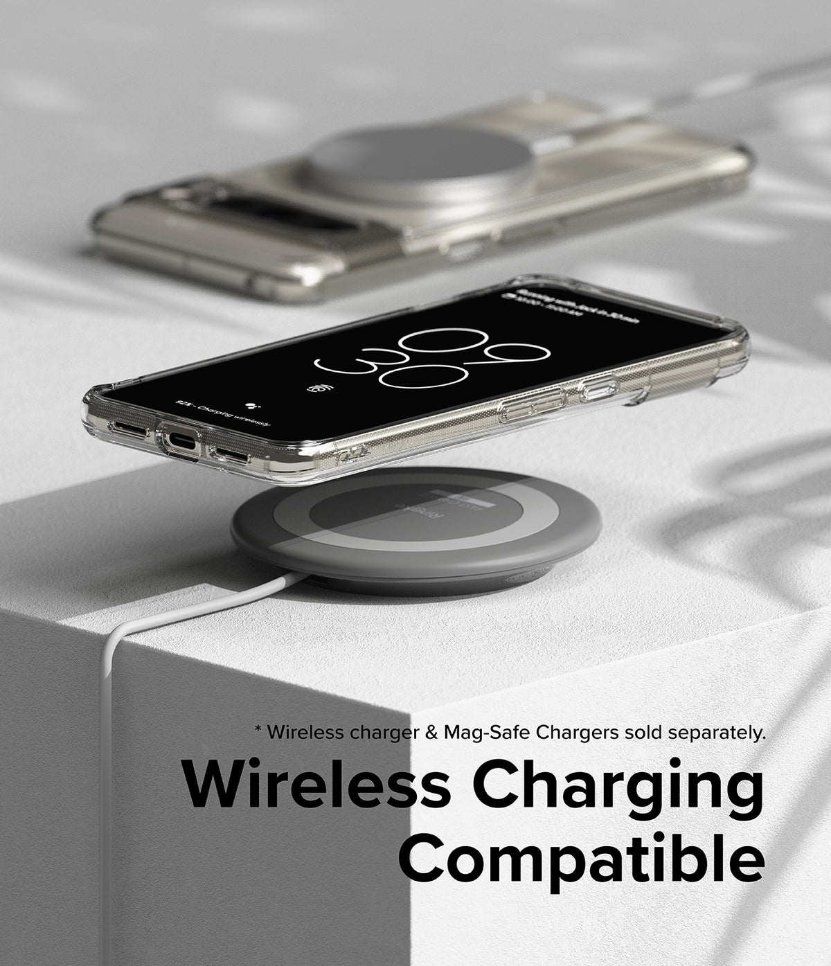 Google Pixel 8 Pro Case | Fusion Magnetic Matte - A phone in a clear magnetic case wirelessly charging on a gray pad.