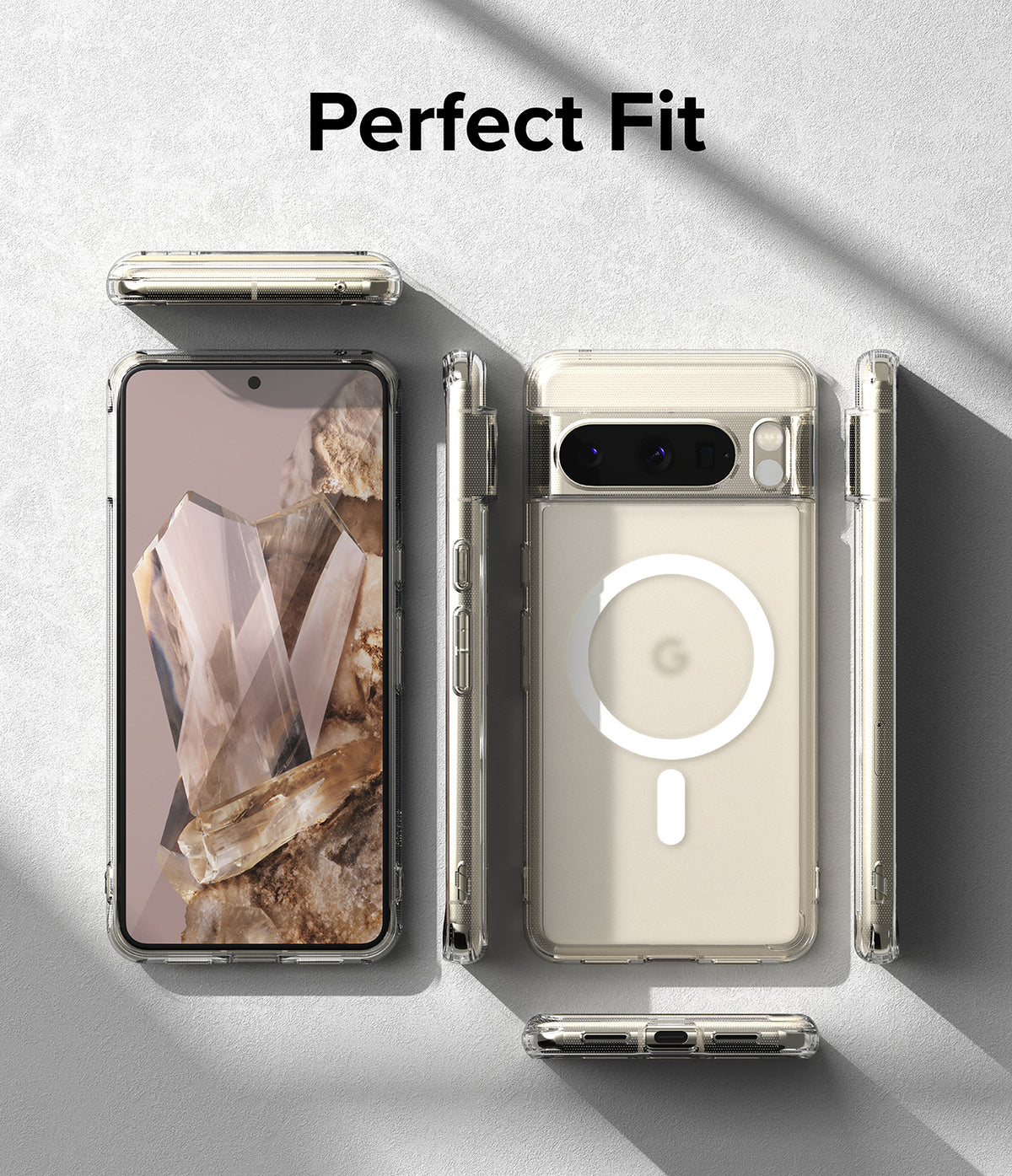 Google Pixel 8 Pro Case | Fusion Magnetic Matte - Multiple views of a clear magnetic phone case on a Pixel 8 Pro.