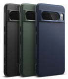 Google Pixel 8 Pro Case | Onyx - Three textured phone cases in black, green, and blue with camera bar cutouts.