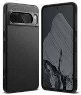 Google Pixel 8 Pro Case | Onyx - Matte black textured phone case shown from back and front views with a dark abstract wallpaper.