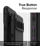 Google Pixel 8 Pro Case | Onyx - Close-up of black phone case buttons with notch-cutouts for tactile response.