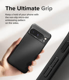 Google Pixel 8 Pro Case | Onyx - Hand holding a black phone case with a textured, non-slip micro-dot side grip pattern.