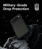 Google Pixel 8 Pro Case | Onyx - Black phone case floating above jagged rocks with military-grade drop protection text.