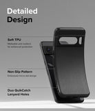 Google Pixel 8 Pro Case | Onyx - Black phone case showing TPU material, non-slip texture, and lanyard holes with labels.