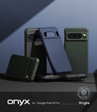 Google Pixel 8 Pro Case | Onyx - Multiple Onyx phone cases in black, blue, and green arranged on a dark surface.