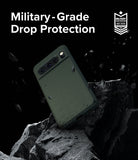 Google Pixel 8 Pro Case | Onyx - Onyx phone case floating above dark rocks with military-grade drop protection text and badge.