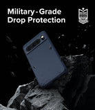 Google Pixel 8 Pro Case | Onyx - Dark blue phone case floating above jagged black rocks with debris and military-grade certification.