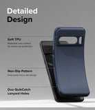 Google Pixel 8 Pro Case | Onyx - Navy blue flexible TPU phone case highlighting soft material, micro-dot texture, and lanyard holes.