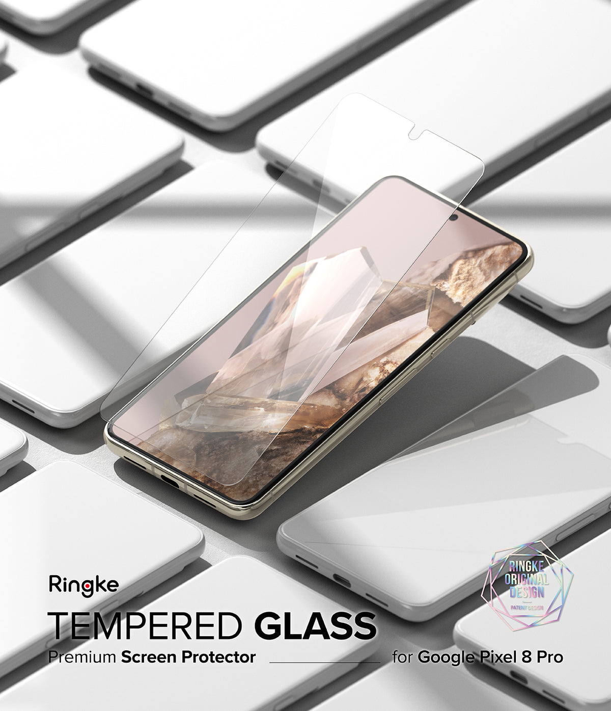 Google Pixel 8 Pro Screen Protector | Glass - Google Pixel 8 Pro Screen Protector - Tempered glass film hovering over a Pixel 8 Pro phone amidst white phone models.