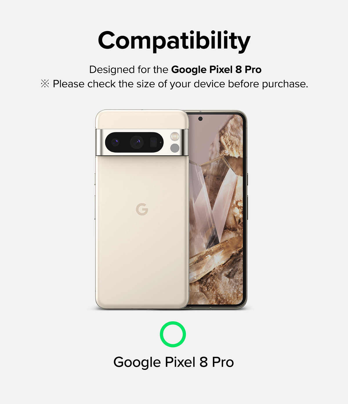Google Pixel 8 Pro Screen Protector | Glass - Beige Google Pixel 8 Pro phone showing front and back views.
