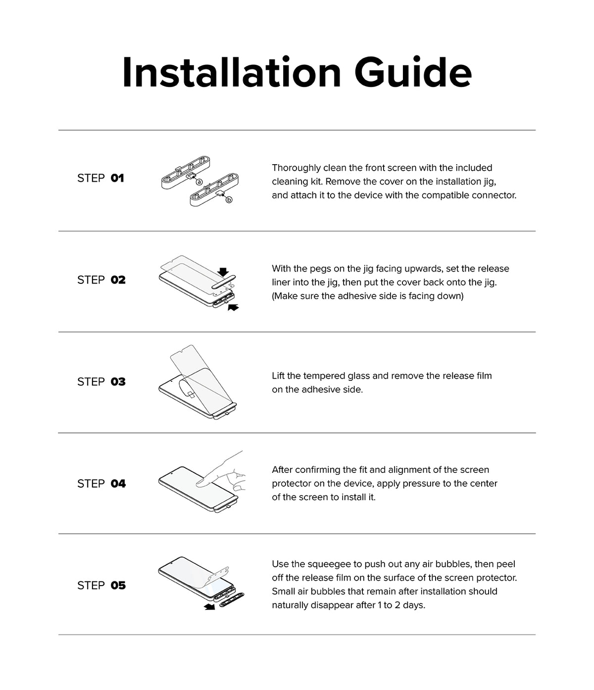 Google Pixel 8 Pro Screen Protector | Glass - Five-step illustrated guide for installing a screen protector.