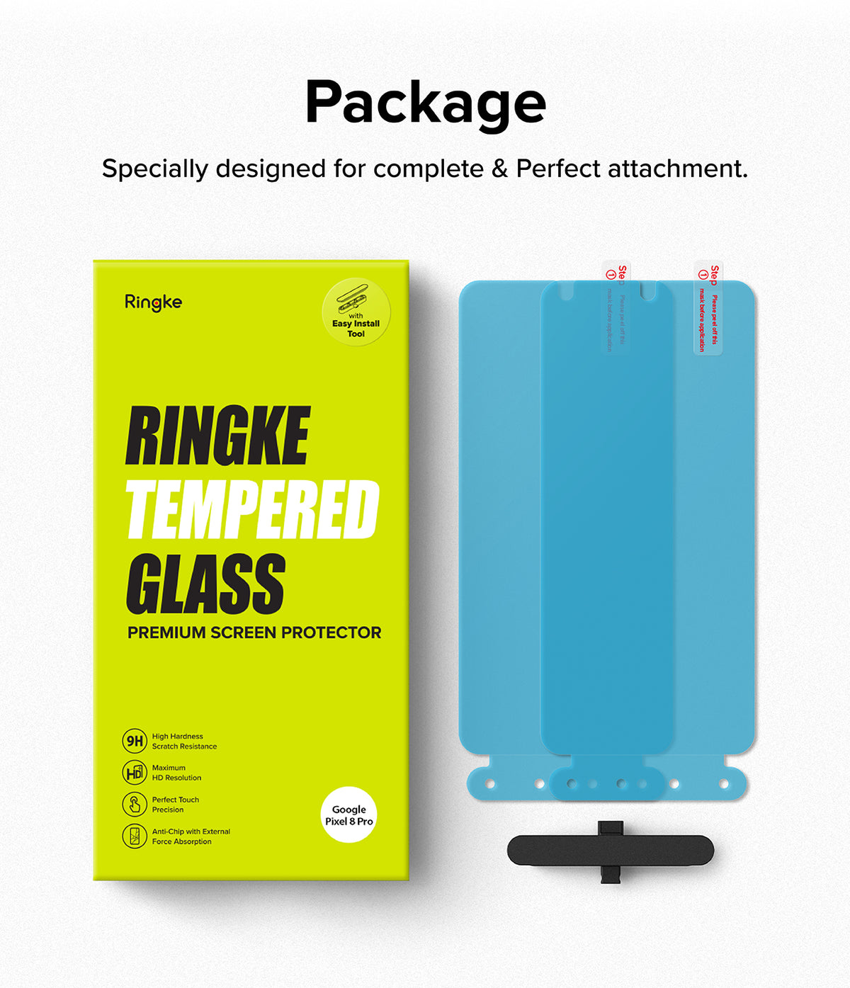 Google Pixel 8 Pro Screen Protector | Glass - Bright green product box next to two blue screen protectors and an install tool.