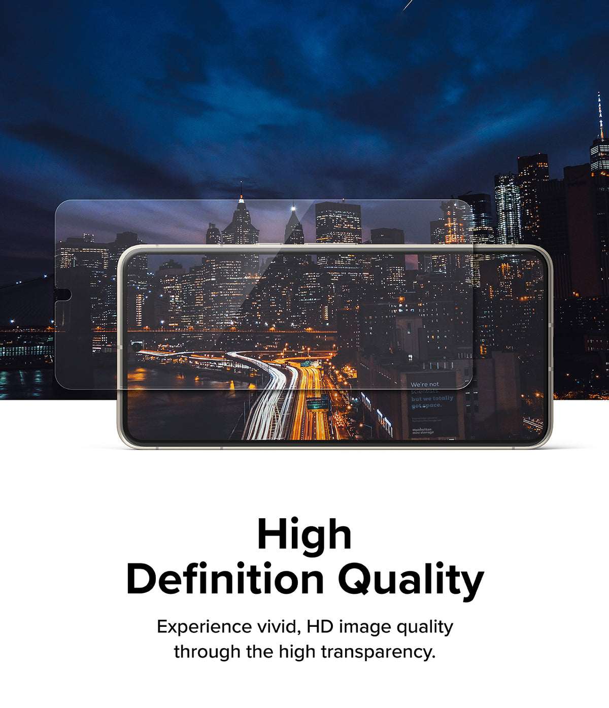Google Pixel 8 Pro Screen Protector | Glass - Google Pixel 8 Pro Screen Protector - Transparent glass protector hovering over a smartphone displaying a city skyline.