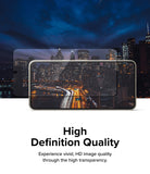 Google Pixel 8 Pro Screen Protector | Glass - Google Pixel 8 Pro Screen Protector - Transparent glass protector hovering over a smartphone displaying a city skyline.
