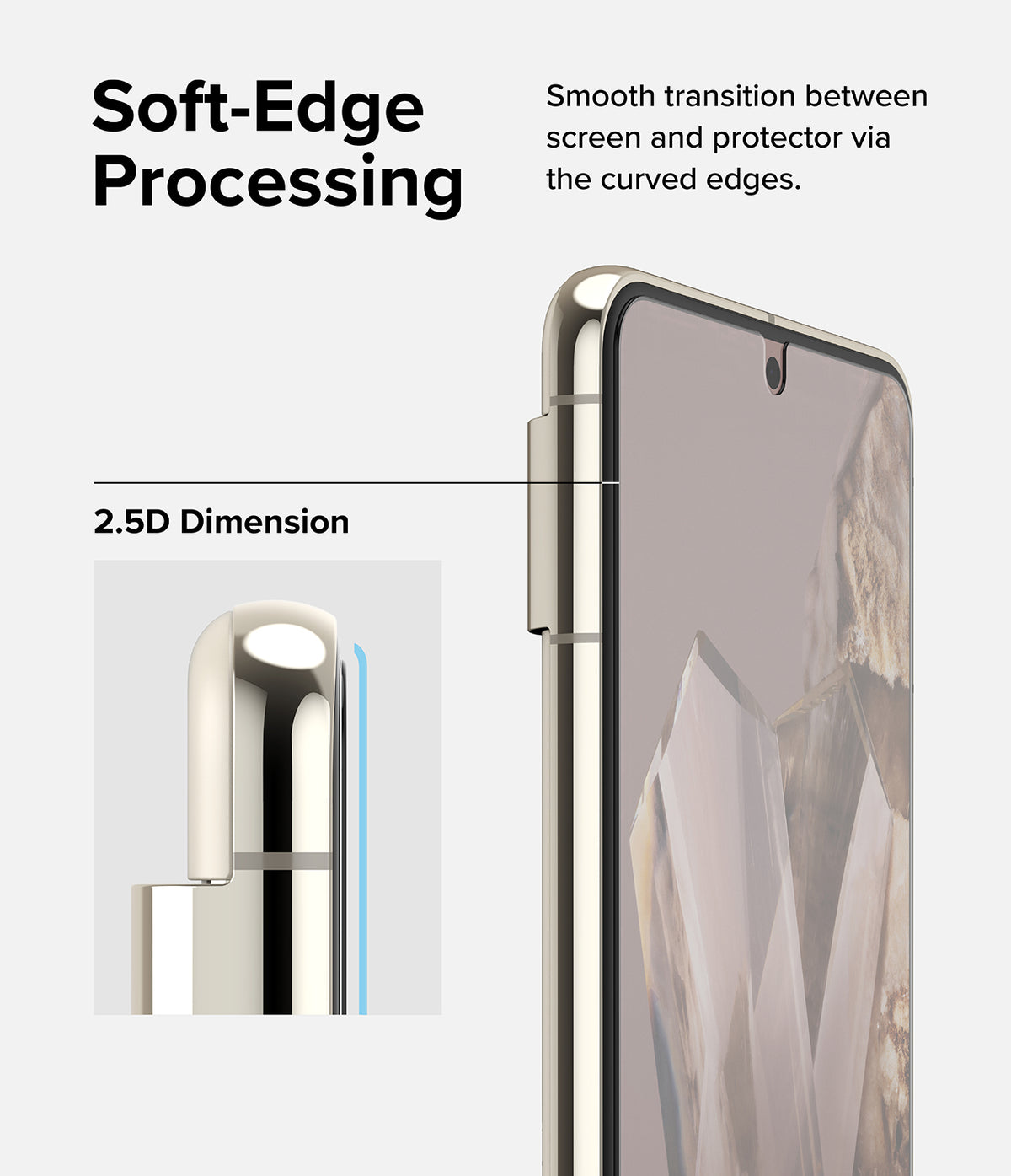 Google Pixel 8 Pro Screen Protector | Glass - Close-up of a phone screen with a 2.5D curved glass protector.