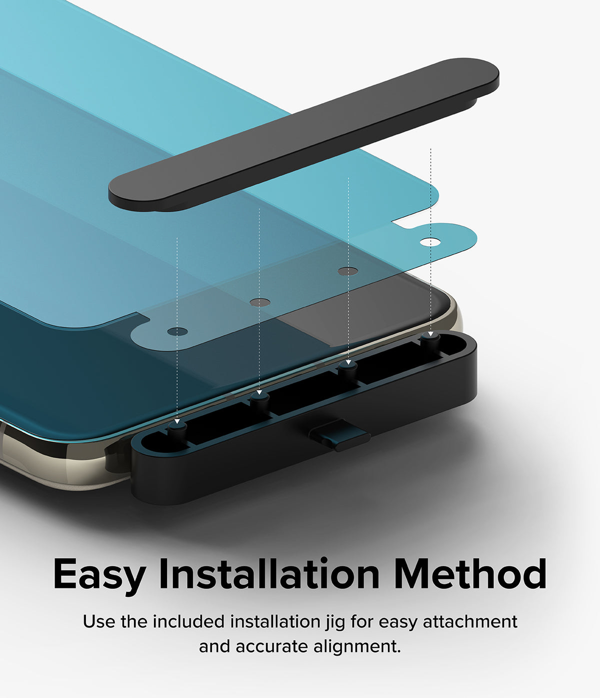 Google Pixel 8 Pro Screen Protector | Glass - Installation jig aligning a glass screen protector onto a smartphone.