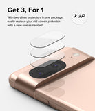 Google Pixel 8 | Camera Protector Glass [3 Pack] - Three transparent glass protectors hovering above a phone camera bar.