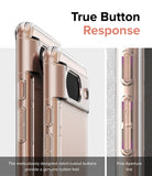 Google Pixel 8 Case | Fusion - Close-up of clear phone case buttons with precise cutouts for tactile response and fine aperture lines.