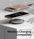 Google Pixel 8 Case | Fusion Matte - A rose gold phone in a clear case hovering above a grey wireless charging pad.