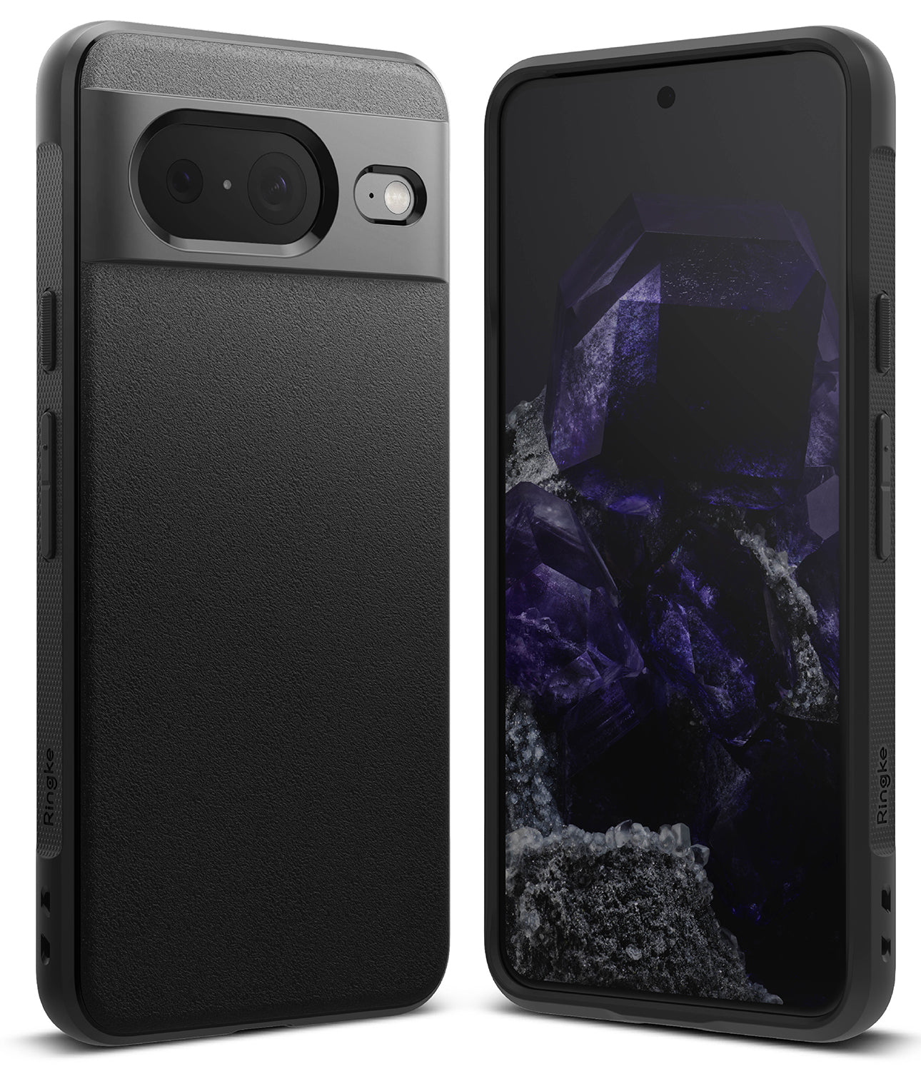 Google Pixel 8 Case | Onyx - Black textured phone case shown from the back and front with a purple crystal wallpaper.