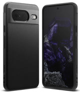 Google Pixel 8 Case | Onyx - Black textured phone case shown from the back and front with a purple crystal wallpaper.