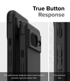 Google Pixel 8 Case | Onyx - Close-up of black phone case buttons with notch-cutouts for tactile response and fine aperture lines.