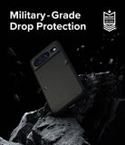 Google Pixel 8 Case | Onyx - Black phone case floating above jagged rocks with military-grade drop protection text and badge.