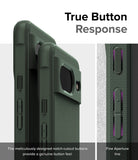 Google Pixel 8 Case | Onyx - Close-up of dark green phone case buttons with precise cutouts for tactile response.