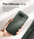 Google Pixel 8 Case | Onyx - Hand holding a dark green phone case with a textured side grip and camera bar cutout.
