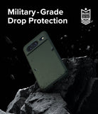 Google Pixel 8 Case | Onyx - Onyx phone case on a rock with debris, featuring military-grade drop protection text and badge.