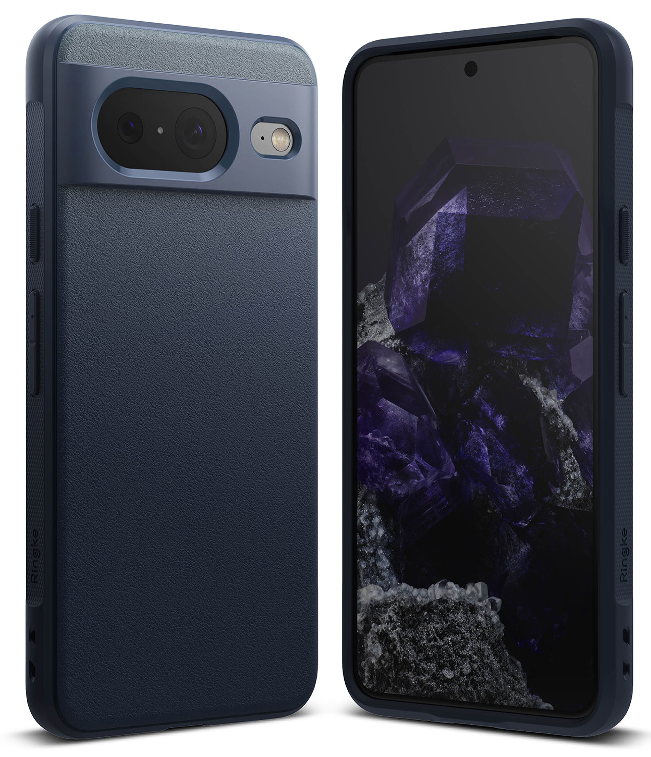 Google Pixel 8 Case | Onyx - Navy blue textured phone case shown from the back and front with a crystal screen wallpaper.