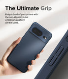 Google Pixel 8 Case | Onyx - Hand holding a dark blue phone case with a textured micro-dot side grip pattern.