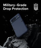 Google Pixel 8 Case | Onyx - Onyx phone case hovering over jagged rocks with military-grade drop protection text and badge.