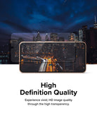 Google Pixel 8 Screen Protector | Glass - A transparent screen protector hovering over a smartphone displaying a city night scene.