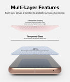 Google Pixel 8 Screen Protector | Glass - Google Pixel 8 Screen Protector - Exploded view showing oleophobic coating, tempered glass, and AB film layers on a phone.