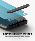 Google Pixel 8 Screen Protector | Glass - Installation jig aligning a screen protector onto a smartphone screen.