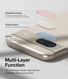 Google Pixel 8a Camera Lens Protector | Glass (3 Pack) - Google Pixel 8a Camera Lens Protector - Exploded view showing oleophobic, tempered glass, and AB film layers on a phone.