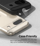 Google Pixel 8a Camera Lens Protector | Glass (3 Pack) - Google Pixel 8a Camera Lens Protector - Glass protector being applied to a phone camera bar next to a protective case.