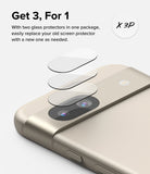 Google Pixel 8a Camera Lens Protector | Glass (3 Pack) - Google Pixel 8a Camera Lens Protector - Three transparent glass lens covers floating above a beige smartphone camera bar.